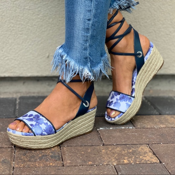 Blue White Floral LaceUp Espadrille Platform Wedge - Picture 7 of 8